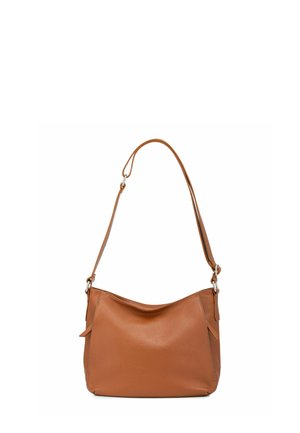 Brown leather shoulder bag with a smooth texture, curved shape, and adjustable strap. Features minimalistic design and subtle side pockets.
