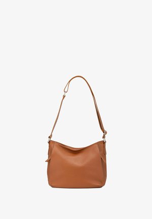 Braune Leder-Schultertasche mit glatter Textur, geschwungener Form und verstellbarem Tragegurt. Besitzt ein minimalistisches Design und dezente Seitentaschen.