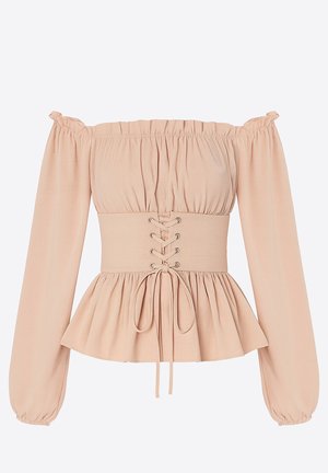 Schulterfreies Oberteil aus softem rosa Stoff mit elastischen Ärmeln, Schnürdetail vorne und Schößchen-Saum. Glatte Textur und gerafftes Design.