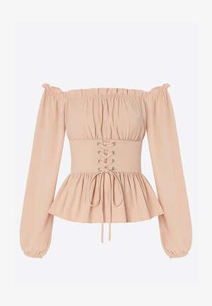 Schulterfreies Oberteil aus softem rosa Stoff mit elastischen Ärmeln, Schnürdetail vorne und Schößchen-Saum. Glatte Textur und gerafftes Design.