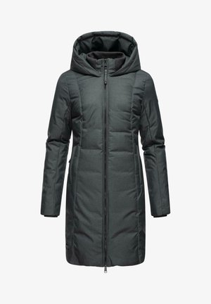 Mørkegrå isolert jakke med hette, glidelås foran og sidelommer. Har teksturert stoff og sydd mønster for varme og stil.