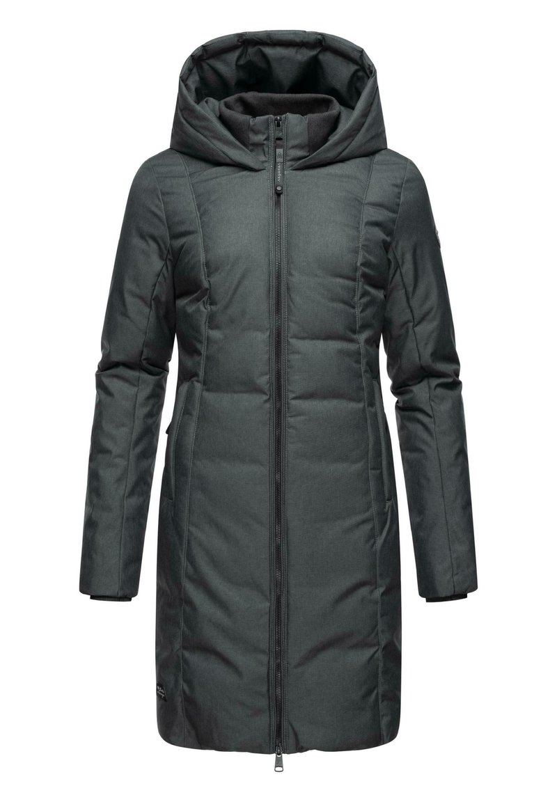 Mörkgrå isolerad jacka med huva, dragkedja fram och sidofickor. Har ett strukturerat tyg och en sömmönstring för värme och stil.