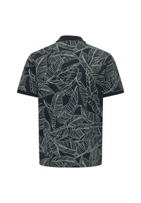 Short-sleeve polo shirt in navy with a white leaf pattern. Features a solid collar and soft, smooth texture.