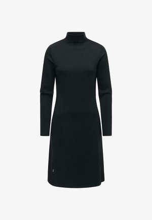 Robe noire à manches longues avec un col montant et une silhouette droite. Fabriquée à partir d'un tissu doux; présente un design minimal et un logo de marque subtil.