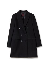 Manteau noir à double boutonnage avec col cranté, deux poches latérales et boutons contrastants. Confectionné en tissu texturé, doublure sans coutures.