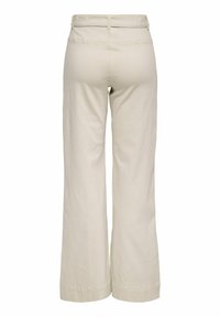 Vue arrière d'un pantalon beige à jambes larges avec passants de ceinture et coutures visibles sur fond blanc.