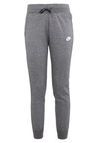 Gray sweatpants made of cotton blend, featuring a drawstring waistband, tapered legs, and a white Nike logo on the left side.