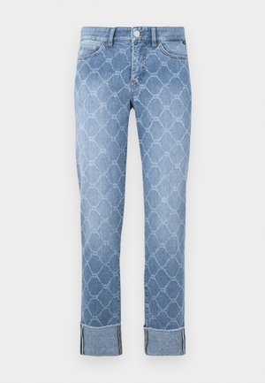 Light blue denim jeans featuring an all-over embossed pattern, a straight leg, and folded cuffs with contrasting thread stitching.