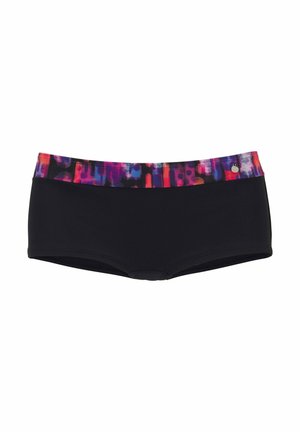 Black swim shorts with a wide multicolor patterned waistband in shades of pink, purple, red, and blue, featuring a small silver emblem.