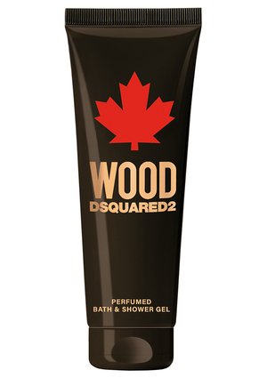 Tube en plastique noir avec un capuchon à charnière. Présente une feuille d'érable rouge et une inscription dorée : "WOOD DSQUARED2" et "GEL DOUCHE ET BAINS PARFUMÉ".