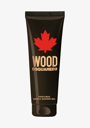 Svart plastkapsel med flip-lock-lock. Har ett rött lönnlöv och gyllene text: "WOOD DSQUARED2" och " PARFYMERAD BAD & DUSCH GEL."