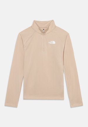 Béžový fleecový pulóver s dlhými rukávmi, štvrťovým zipsom, vysokým golierom a bielym logom The North Face na ľavej strane hrudníka.