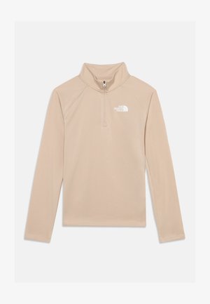 Beiger Fleece-Pullover mit langen Ärmeln, Viertel-Reißverschluss, hohem Kragen und weißem The North Face Logo auf der linken Brust.