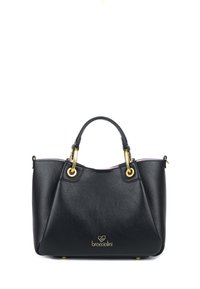 Borsa a tracolla in pelle nera con hardware dorato. Presenta una forma strutturata, doppio manico superiore e un accento con logo sulla parte frontale. Finitura testurizzata.