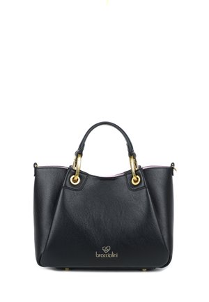 Borsa a tracolla in pelle nera con hardware dorato. Presenta una forma strutturata, doppio manico superiore e un accento con logo sulla parte frontale. Finitura testurizzata.