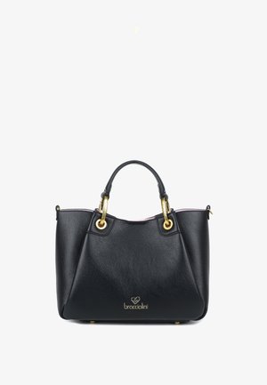 Borsa a tracolla in pelle nera con hardware dorato. Presenta una forma strutturata, doppio manico superiore e un accento con logo sulla parte frontale. Finitura testurizzata.