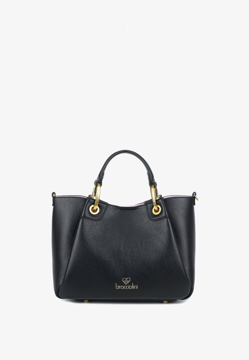 Borsa a tracolla in pelle nera con hardware dorato. Presenta una forma strutturata, doppio manico superiore e un accento con logo sulla parte frontale. Finitura testurizzata.
