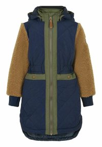 Quilted jack met een marineblauwe body, olijfgroene rits en tan gekleurde textuur mouwen. Beschikt over een capuchon en een drukknoopdetail bij de taille.