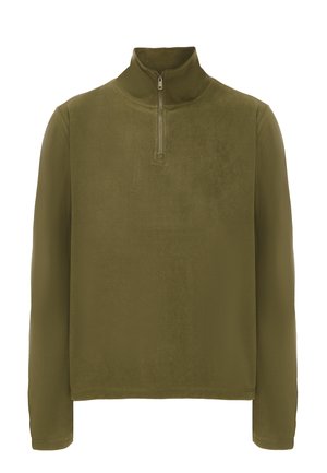 Olivengrøn fleece-pullover med høj krave og halvlukning. Har lange ærmer og en glat tekstur. Enkel design.
