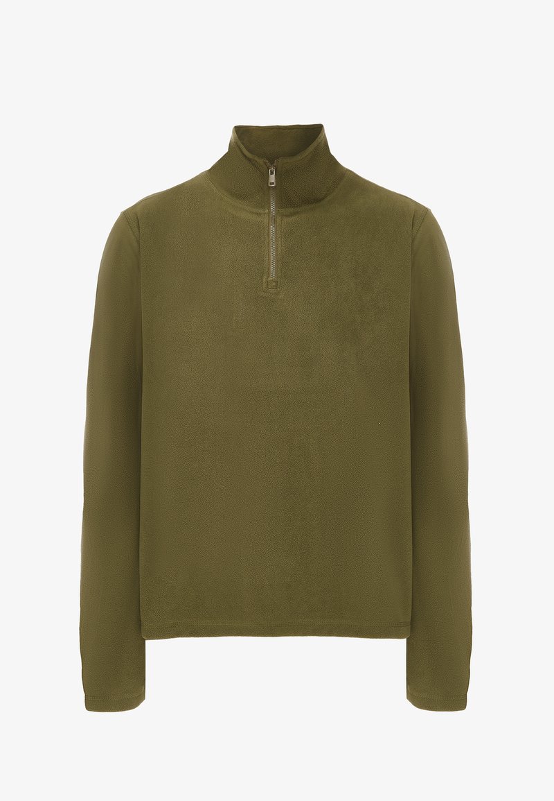 Pullover in pile verde oliva con collo alto e chiusura a mezza zip. Presenta maniche lunghe e una texture liscia. Design semplice.