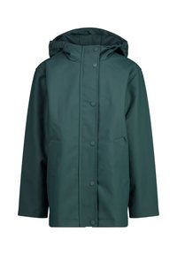Veste imperméable verte avec capuche, boutons pression, deux poches latérales, texture lisse et coupe décontractée. Design simple et fonctionnel.
