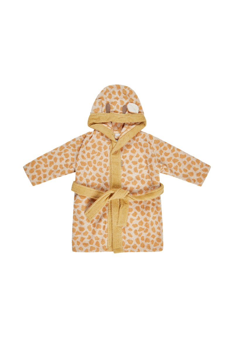 Accappatoio con cappuccio in morbido tessuto peloso con una stampa animalier in arancione chiaro e marrone, dotato di un legaccio frontale, maniche lunghe e accentuazioni a forma di orecchie.