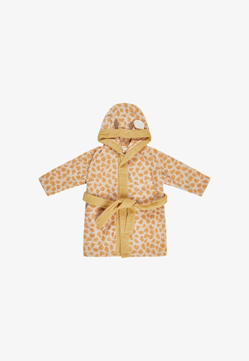 Accappatoio con cappuccio in morbido tessuto peloso con una stampa animalier in arancione chiaro e marrone, dotato di un legaccio frontale, maniche lunghe e accentuazioni a forma di orecchie.