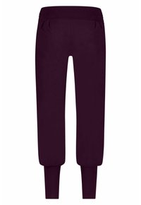 Lila joggarbyxor med elastisk midja, smalnande mudd och två bakfickor. Tillverkade av mjukt material med en slät yta.