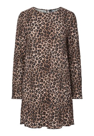 Leopardimustriga kleit pikade varrukatega, volditud tekstuuriga, ümarate kaelustega ja voolava siluetiga, sisaldades beeži ja musta toone.