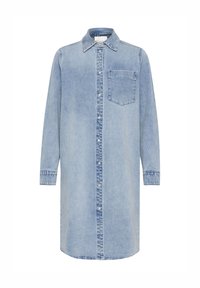 Vaaleansininen denim-paitamekko, jossa on napitus edessä, pitkät hihat, kaulus ja rintatasku. Pehmeä kangas ja rento malli, polvimittainen.