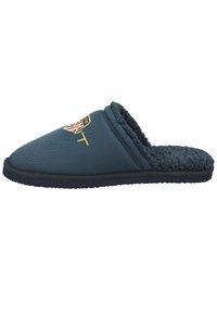 Navy blue slipper with a soft, textured interior and a smooth exterior. Features an embroidered logo on the upper and a thick sole.