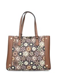 Tote taske med mønstret tekstilfront, der har geometriske designs i brunt, creme og marineblå, suppleret af glatte brune lædersider og -remme.