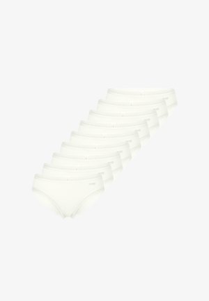 Culottes en coton blanc, présentant une texture lisse, une bordure en dentelle et une ceinture élastique. Disposées en rangée, montrant plusieurs paires.