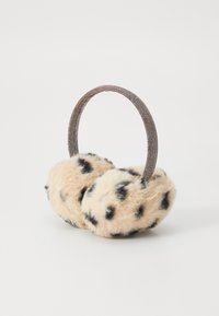 Cuffie in pelliccia sintetica con stampa leopardata, dotate di una fascia metallica e testurizzata. Design morbido beige e nero con macchie, forma rotonda per coprire le orecchie.