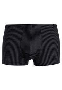 Shorts de bain noirs à rayures fabriqués en tissu doux. Dotés d'une coupe ajustée avec une taille élastique et une poche avant confortable.