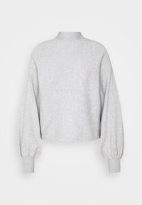 Sweat-shirt gris crop avec un col haut et des manches ballon, fabriqué en tissu doux et texturé avec des poignets côtelés.