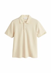 Polo beige à manches courtes, avec un design texturé à côtes, une patte de boutonnage à trois boutons et un col classique.