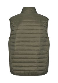 Lekka, oliwkowozielona pikowana kamizelka bez rękawów widziana od tyłu, z poziomym przeszyciem i stójką.