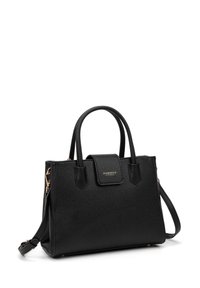 Borsa a tracolla in ecopelle nera con due manici superiori, tracolla staccabile e accessori in metallo dorato. Presenta un esterno texturizzato e una tasca a pattina.