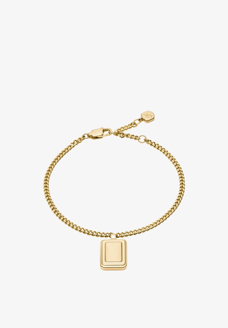 Bracelet chaîne en or avec un pendentif rectangulaire à surface lisse, des maillons de taille uniforme et un fermoir mousqueton pour une fermeture sécurisée.