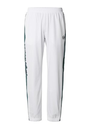 Hvite treningsbukser med mørkegrønne sidepaneler, elastisk midjebånd, mansjetter, en liten logo på øvre lår og tekst på siden.