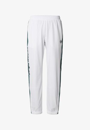 Witte sportbroek met donkergroene zijpanelen, elastische tailleband, boorden en een klein logo op de bovenkant van de dij en tekst aan de zijkant.