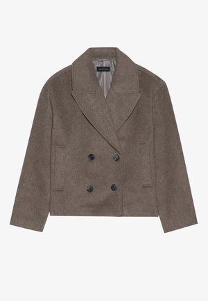 Brown wool-blend peacoat featuring a double-breasted front, large black buttons, pointed lapels, and side pockets, designed with a cropped length.