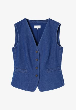 Traper prsluk u tamnoplavoj boji, s V-izrezom, pet smeškastih dugmadi, dva prednja džepa i pripijenim dizajnom bez rukava.