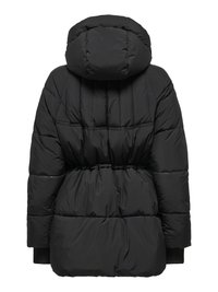 Black puffer jacket with a fitted hood, quilted pattern, elastic waistband, and ribbed cuffs. Fabric appears smooth and lightweight.