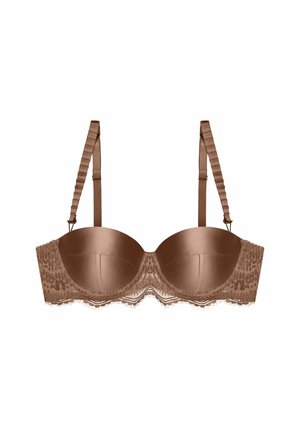 Bra aus braunem Satin mit Spitze, Unterdrahtunterstützung und verstellbaren Trägern. Hat eine glatte Oberfläche und ein dezentes Tiermotiv.