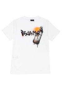 T-shirt in cotone bianco con una grafica di una lattina di vernice spray nera e arancione con la parola "Disclaimer" in stile graffiti. Maniche corte, collo rotondo.