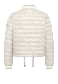 Gevoerde jas met een lichtgrijze, glanzende afwerking. Voorzien van ribgebreide manchetten en zoom, een horizontaal doorgestikt patroon en verstelbare trekkoordjes.