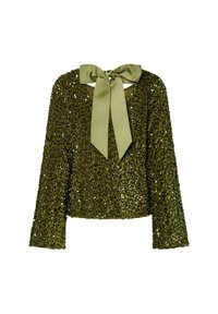 Top lungo a maniche lunghe verde oliva, con dettagli in paillettes e un fiocco sul retro. Superficie strutturata con una vestibilità cropped e scollatura rotonda.