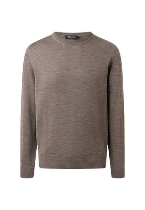 Brown long-sleeve knitted crew neck sweater with ribbed cuffs and hem, labeled Maerz, displayed on a white background.